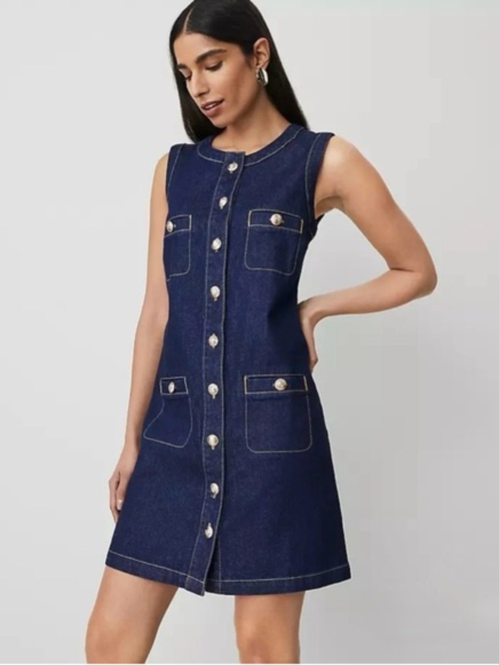 Ann Taylor Dark Indigo Denim Sleeveless Button-Front Dress
